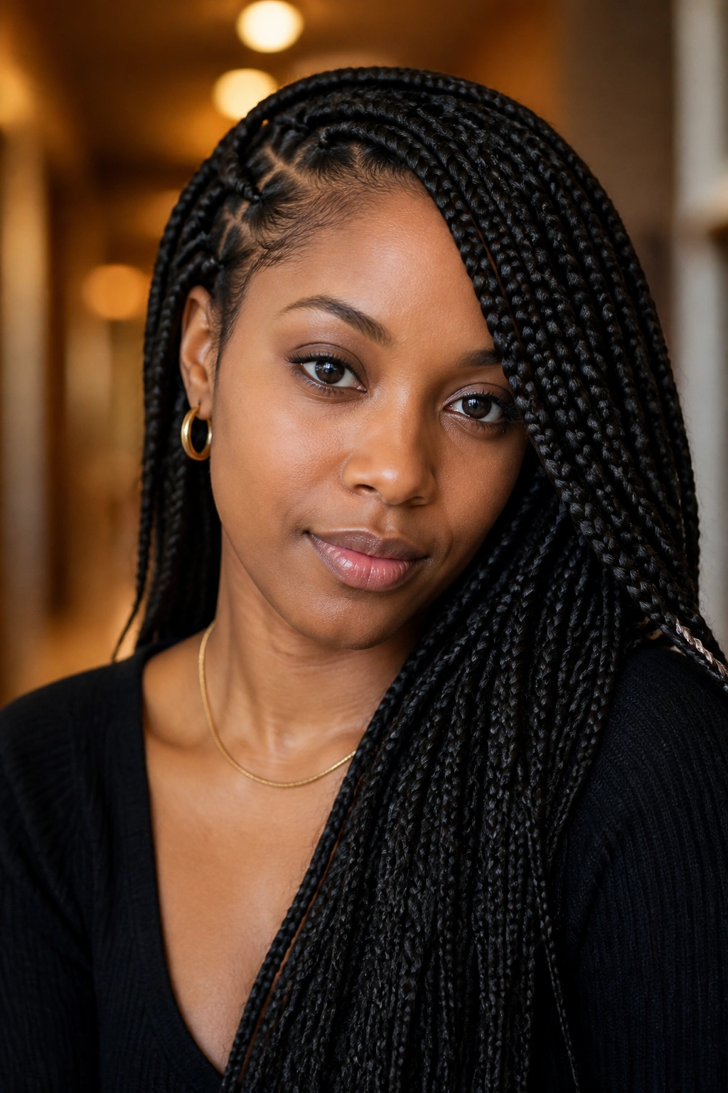 Real person with box braids swept to the side in a warm indoor setting.
