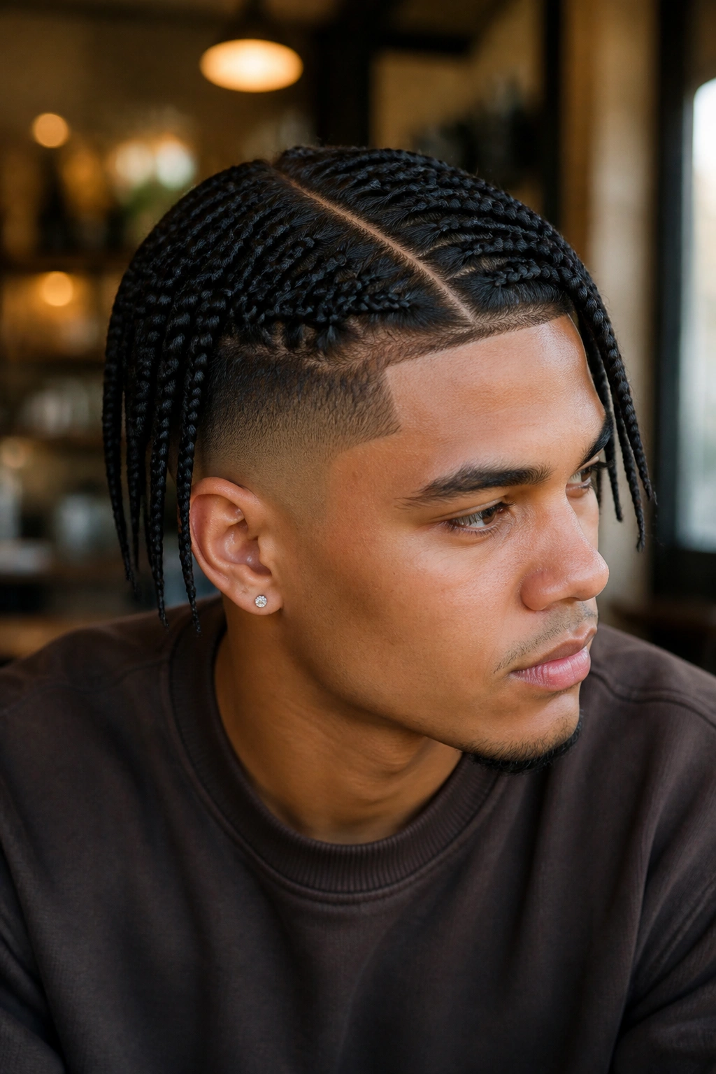 Close-up portrait of a person with a side-parted box braid style and tapered fade.