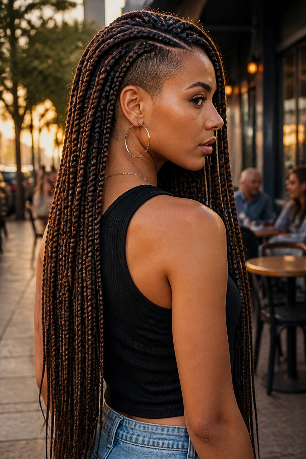 Close-up portrait of a real woman with waist-length box braids and shaved nape undercut in an urban setting