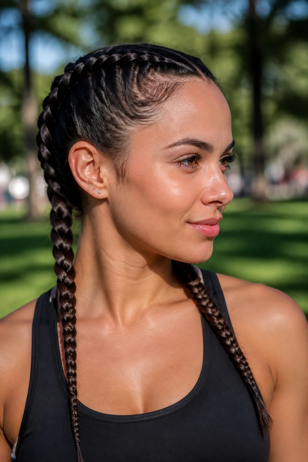Portrait of a woman with two boxer braids for all-day grip