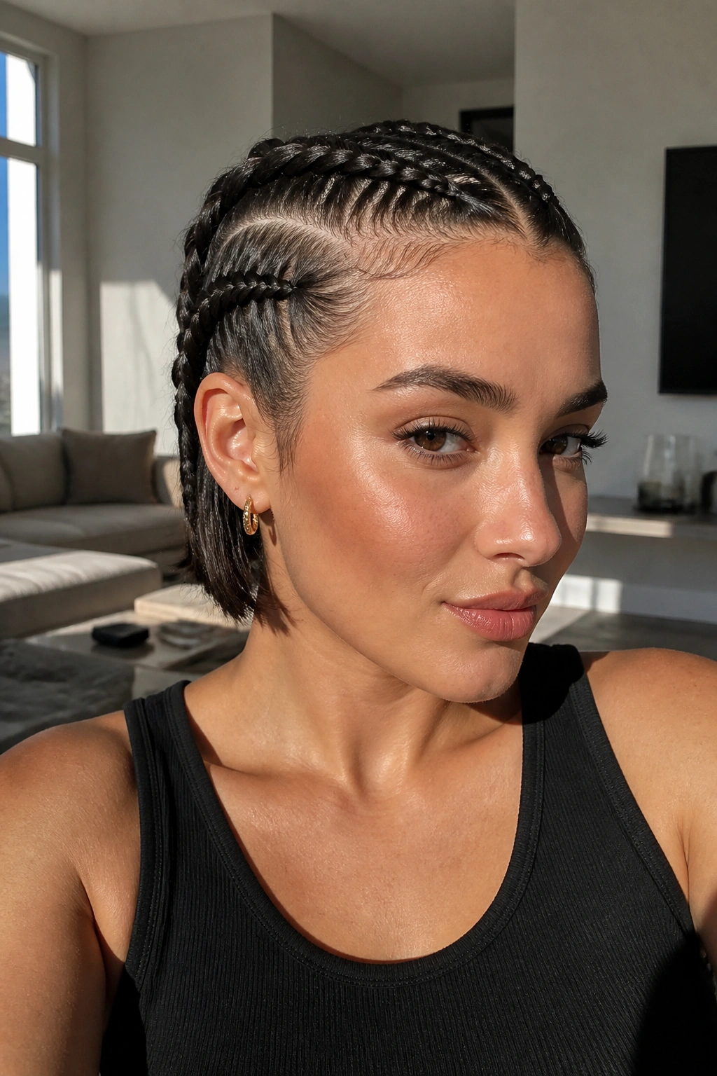 Close-up portrait of a real woman with boxer braids on a bob, lit by natural window light