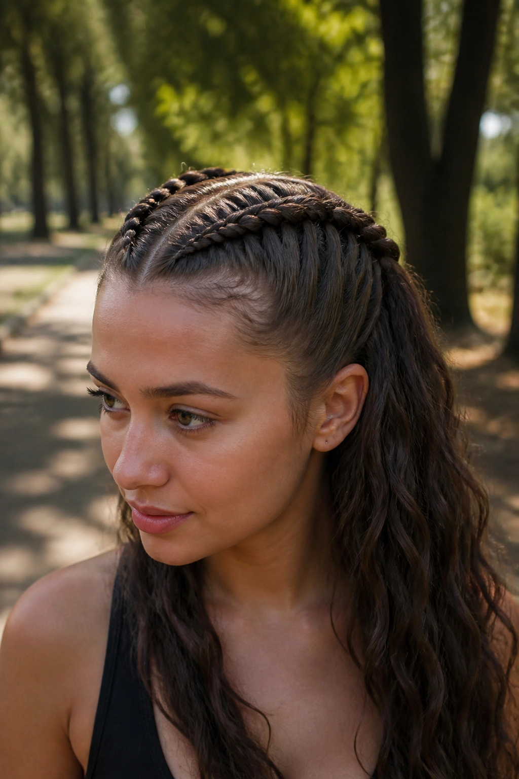 Close-up of a real person with boxer braids in an outdoor park