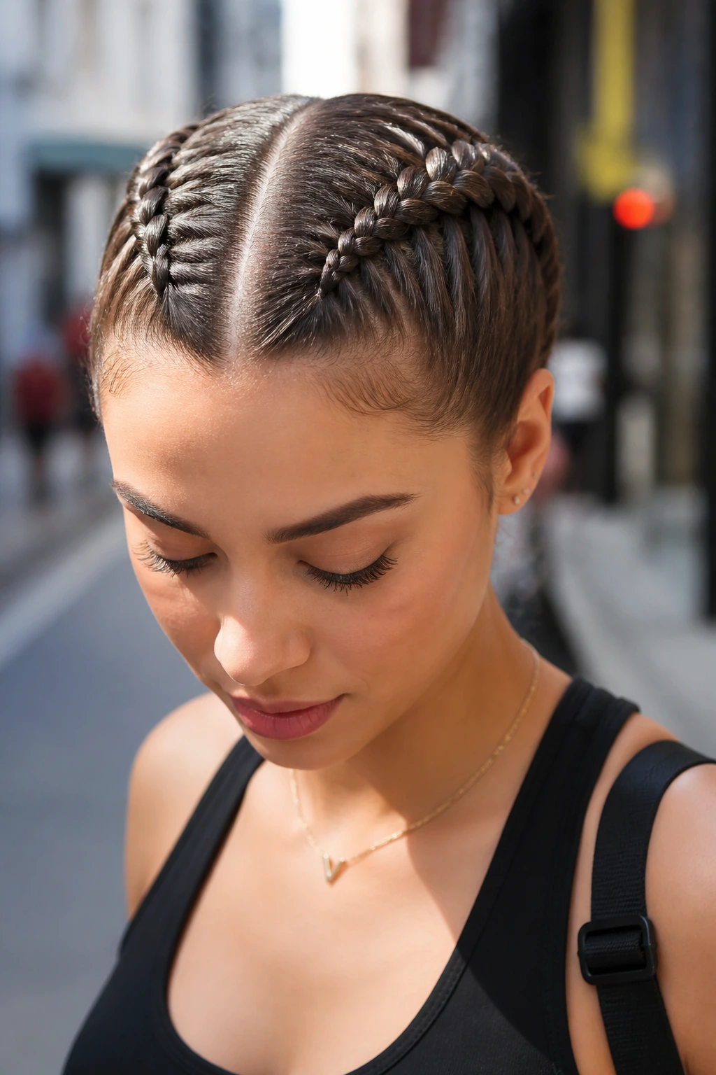 Close-up of a real person with two boxer braids from scalp to nape