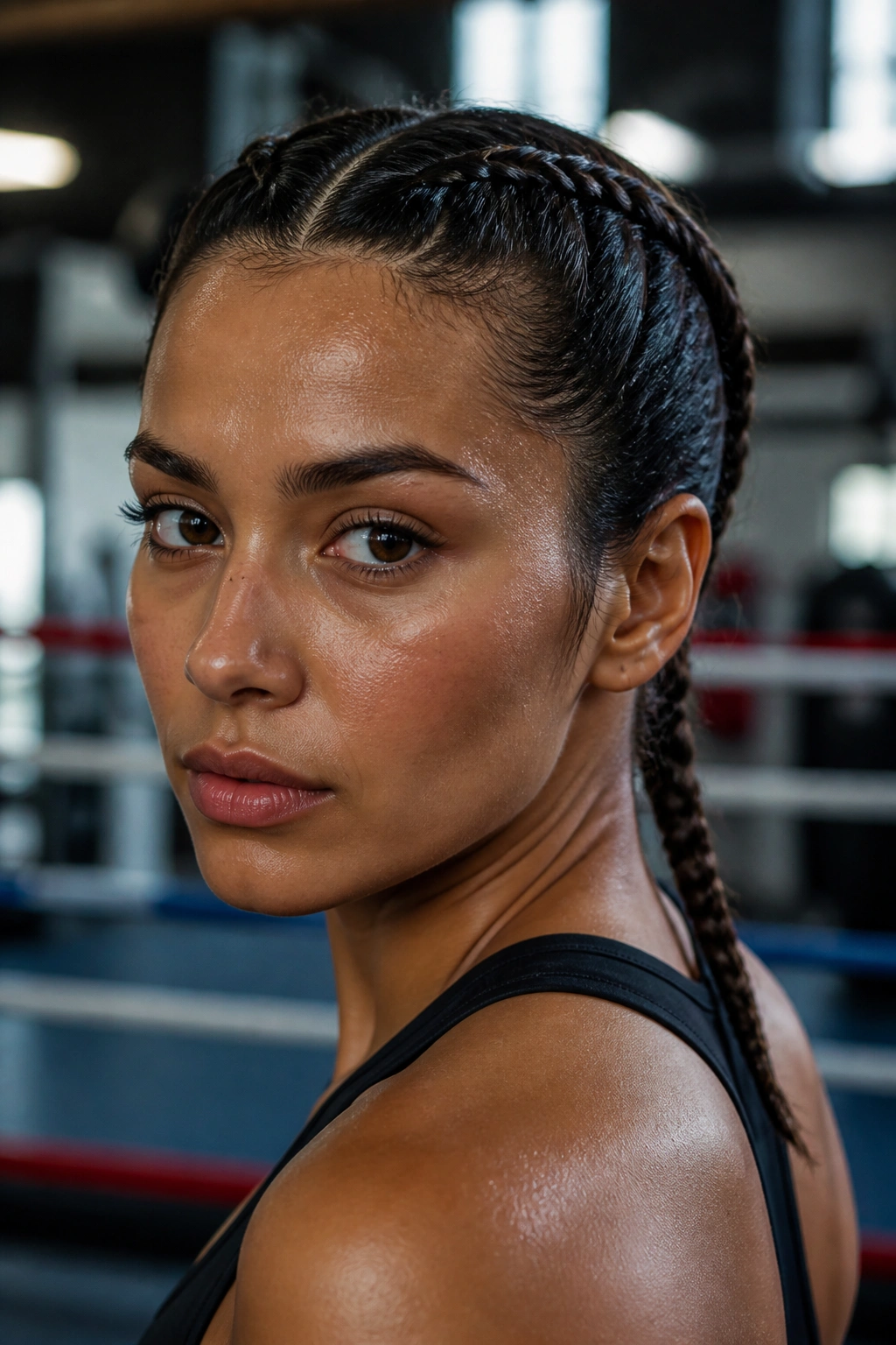Close-up of a real woman with boxer braids in a gym