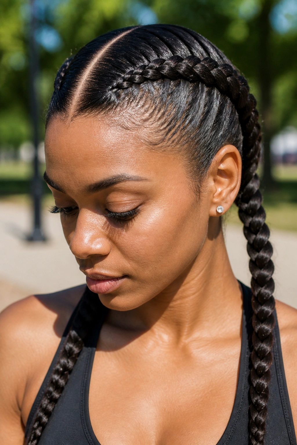 Close-up of a real woman with two tight Dutch boxer braids along the head, center-parted.