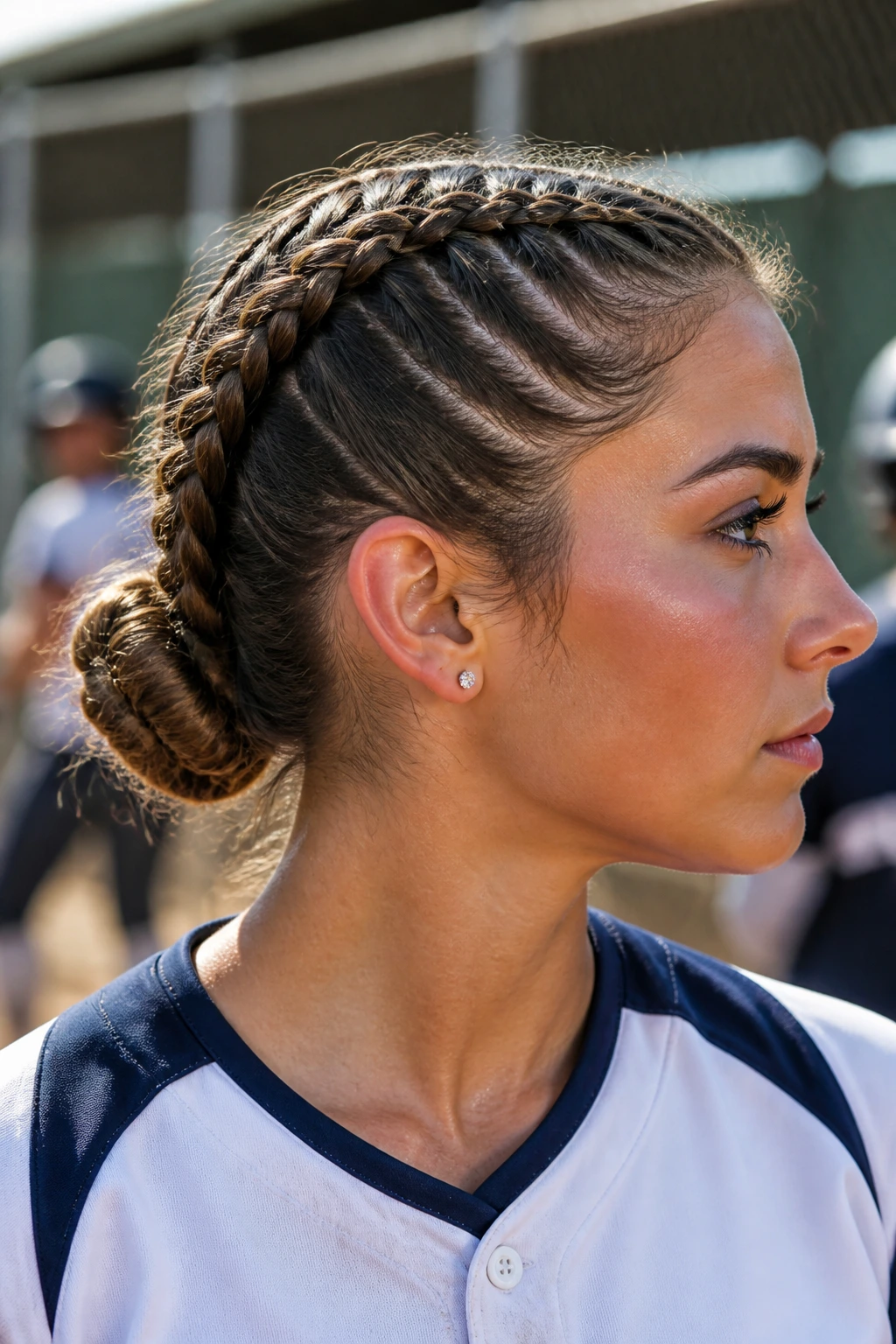 Close-up of player with boxer braids forming a low bun