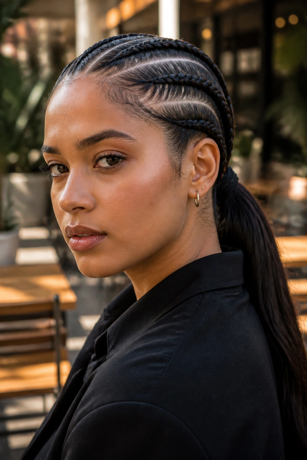 Close-up of a real woman with boxer braids feeding into a low ponytail, natural daylight.