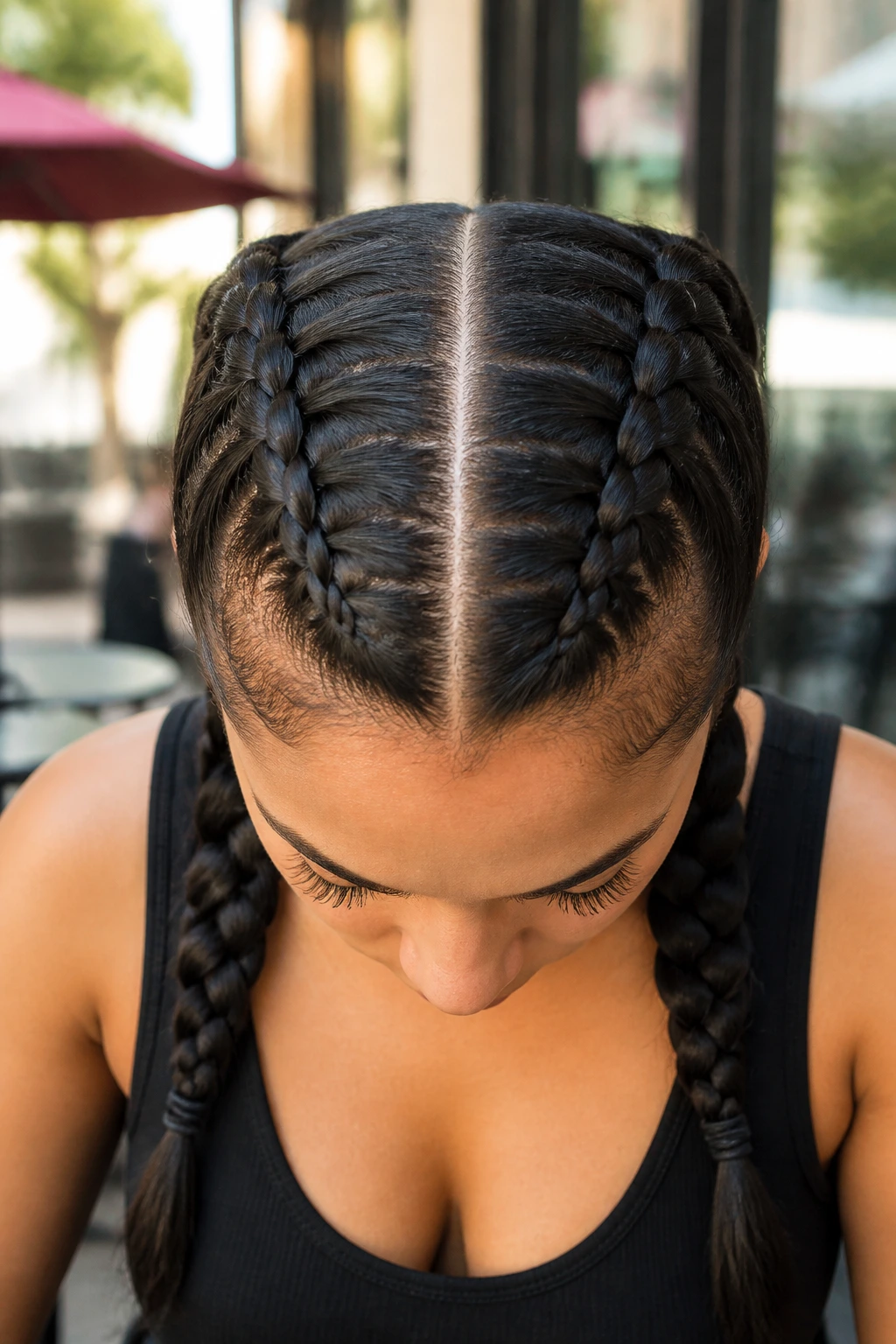 Top-down view of real woman with boxer braids from crown to ends
