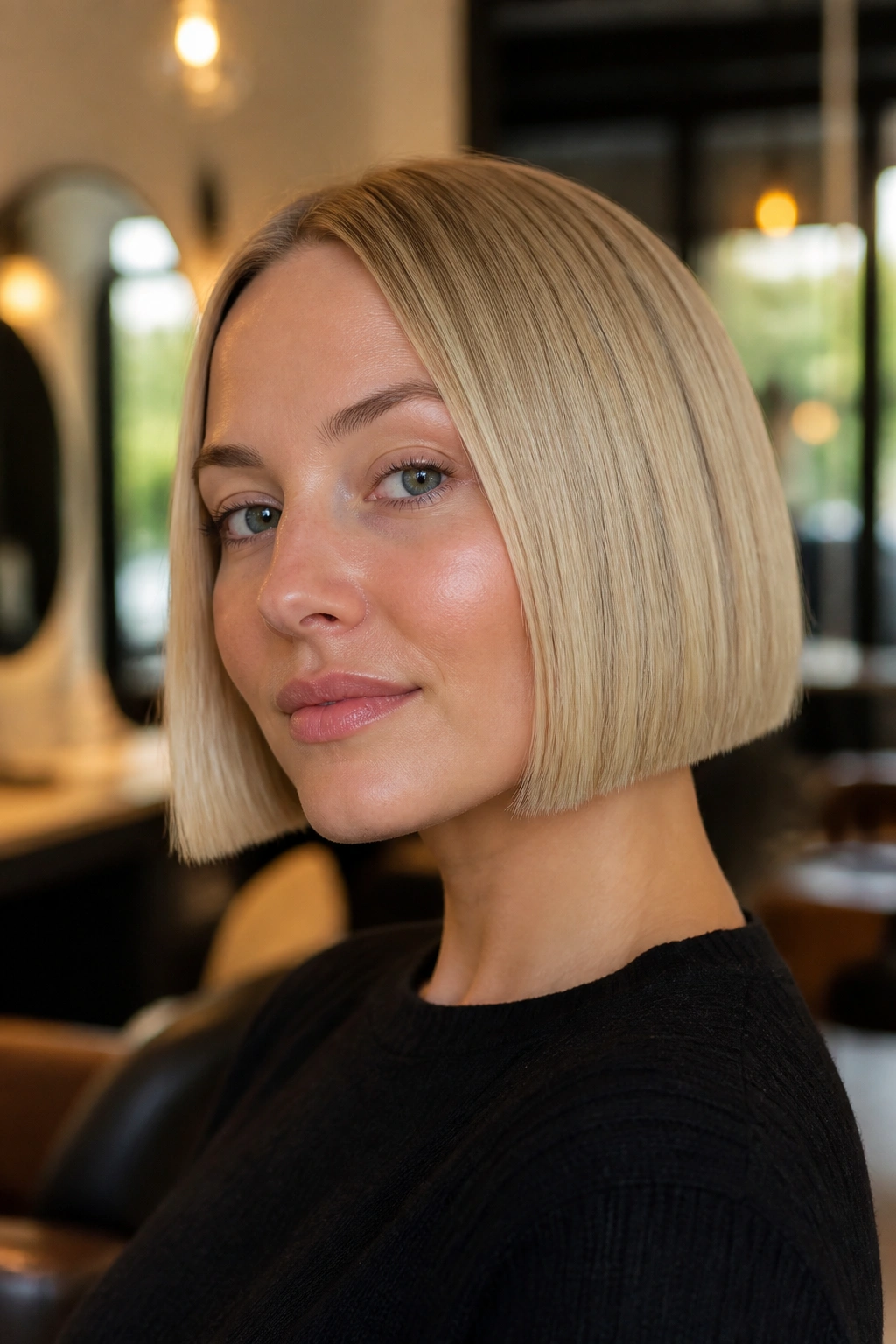 Close-up of a real woman with a blunt chin-length bob in light blonde, crisp lines in a salon