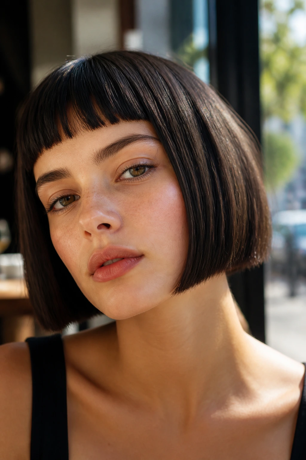 Close-up of a real woman with a boxy bob and blunt baby bangs in a sunlit cafe.