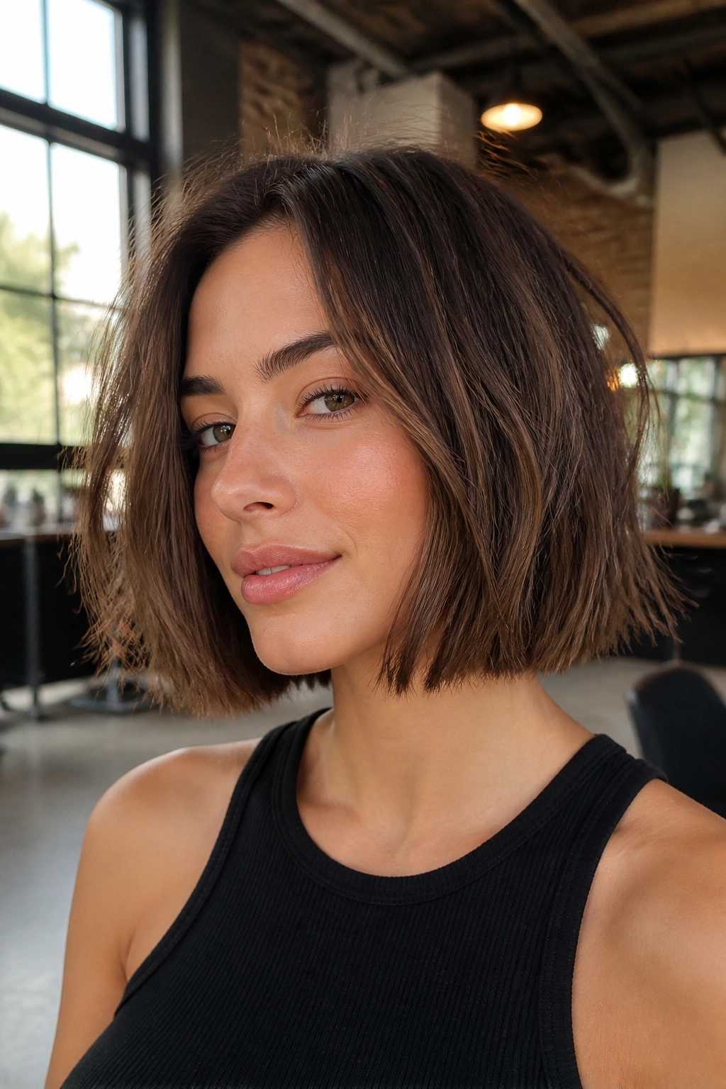 Close-up of a real woman with a boxy bob and broken texture