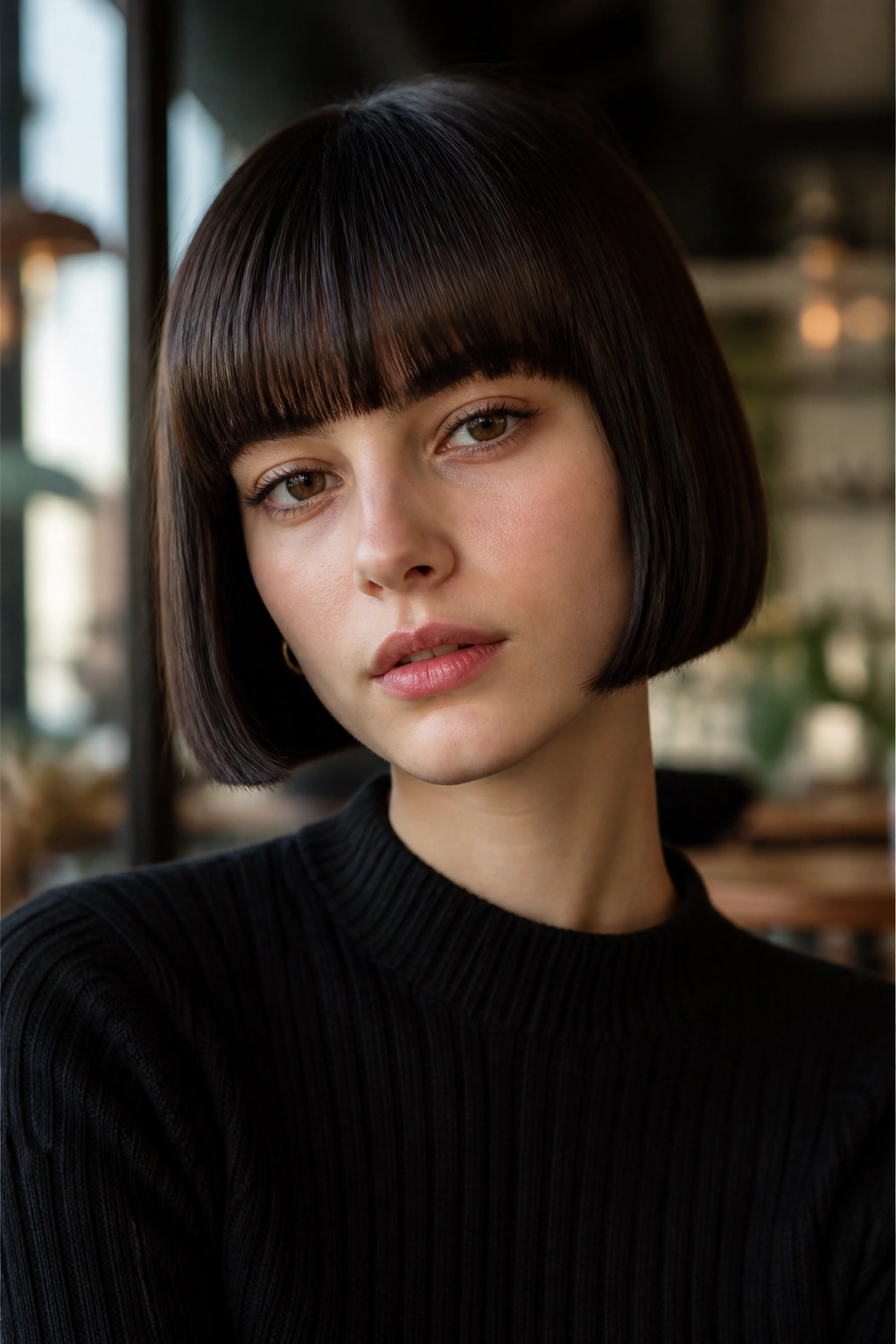 Close-up portrait of a real woman with a blunt boxy bob and full straight fringe in a warm cafe setting