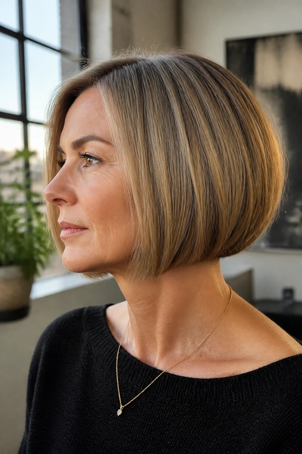 Portrait of a woman with a blunt boxy bob and minimal stacking