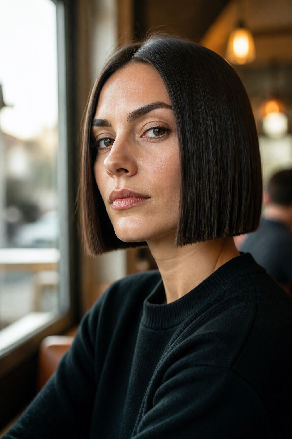 Close-up of a real woman with a sharp-edged boxy bob in a cafe setting