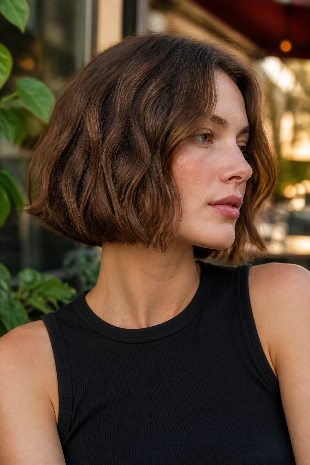Real woman wearing boxy bob with softened corners in city cafe