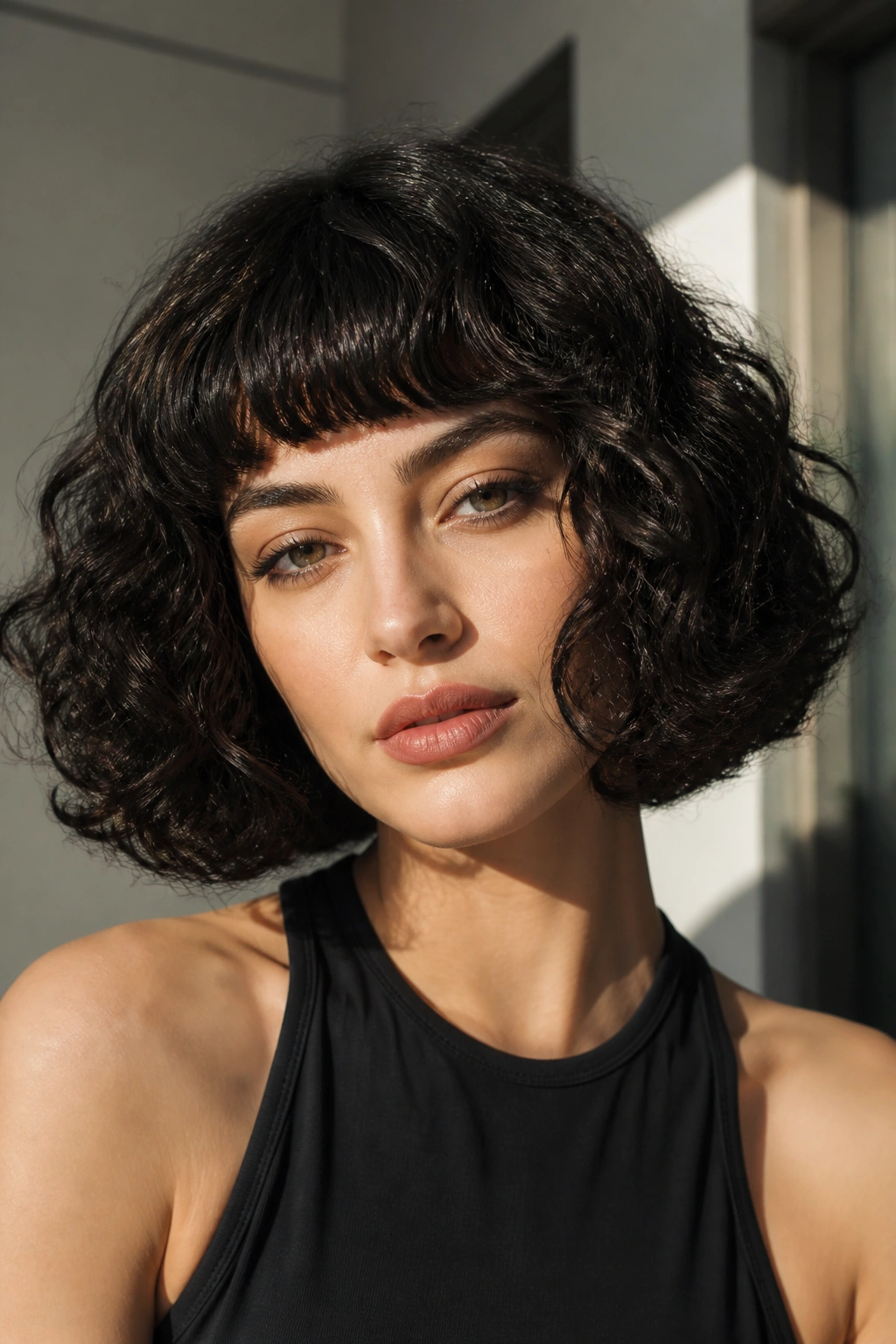 Close-up of a real person with a boxy curly bob and blunt bangs in modern indoor light
