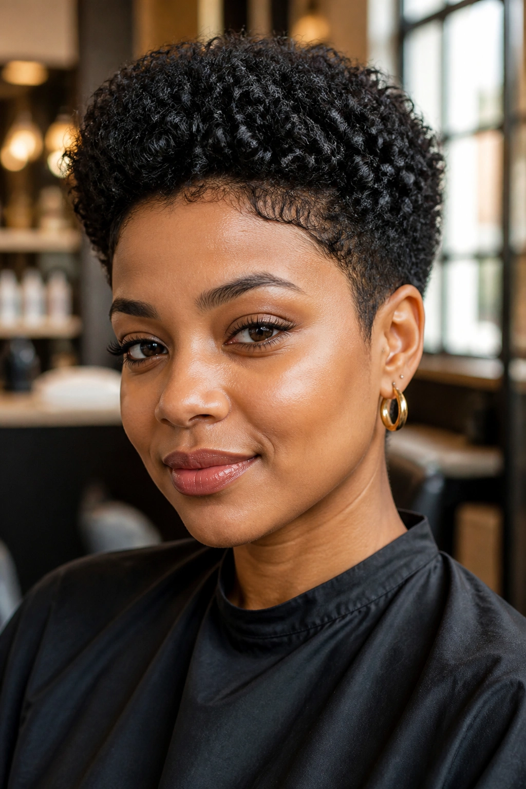 Close-up portrait of a real woman with a boxy curly crop and tapered edges in a salon setting