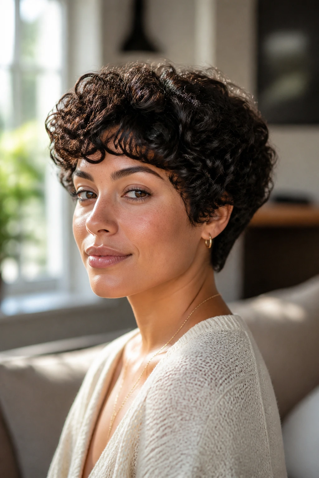 Close-up portrait of a real woman with a boxy curly pixie and soft corners under warm window light