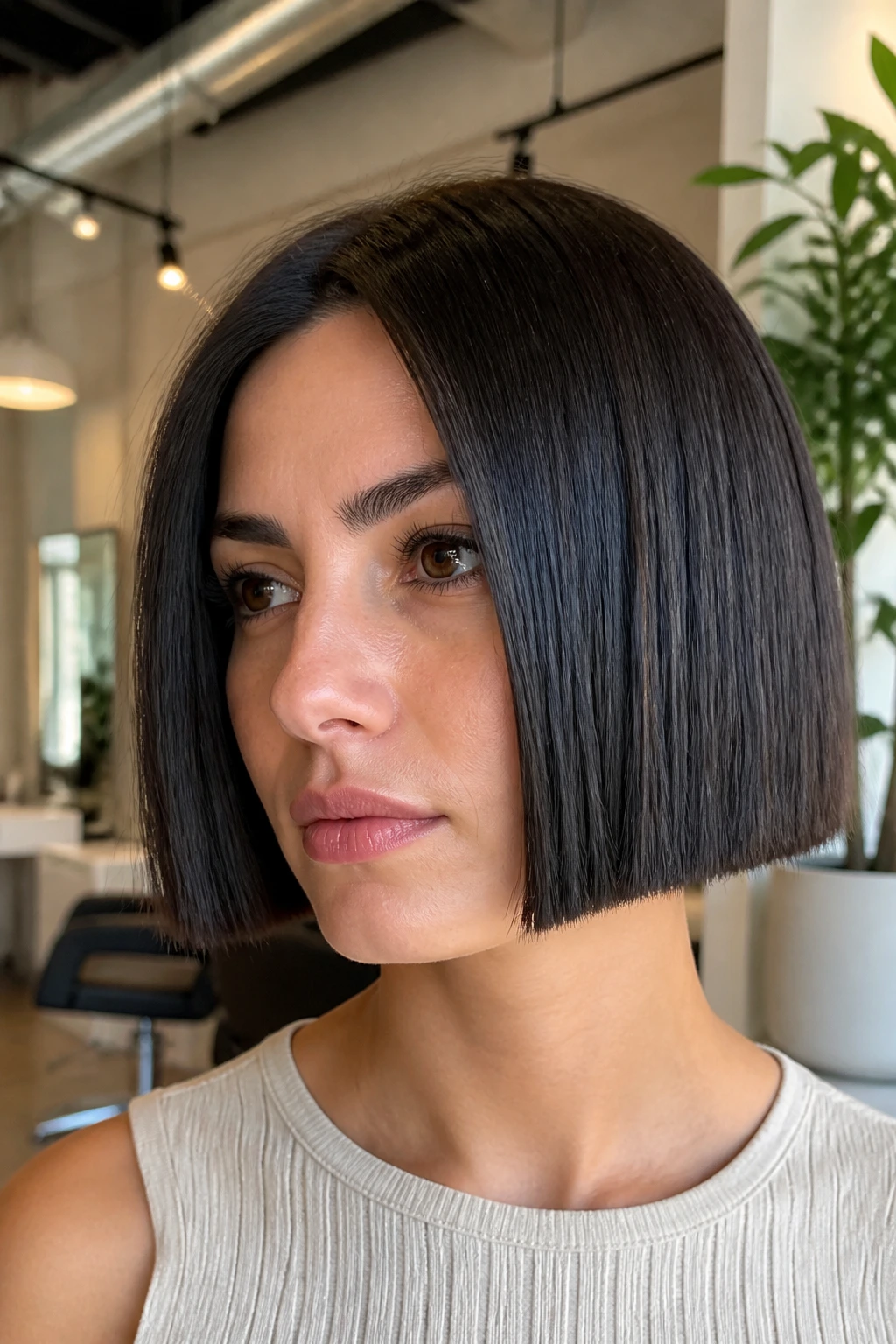Close-up of a real woman with a boxy geometric bob and blunt edge