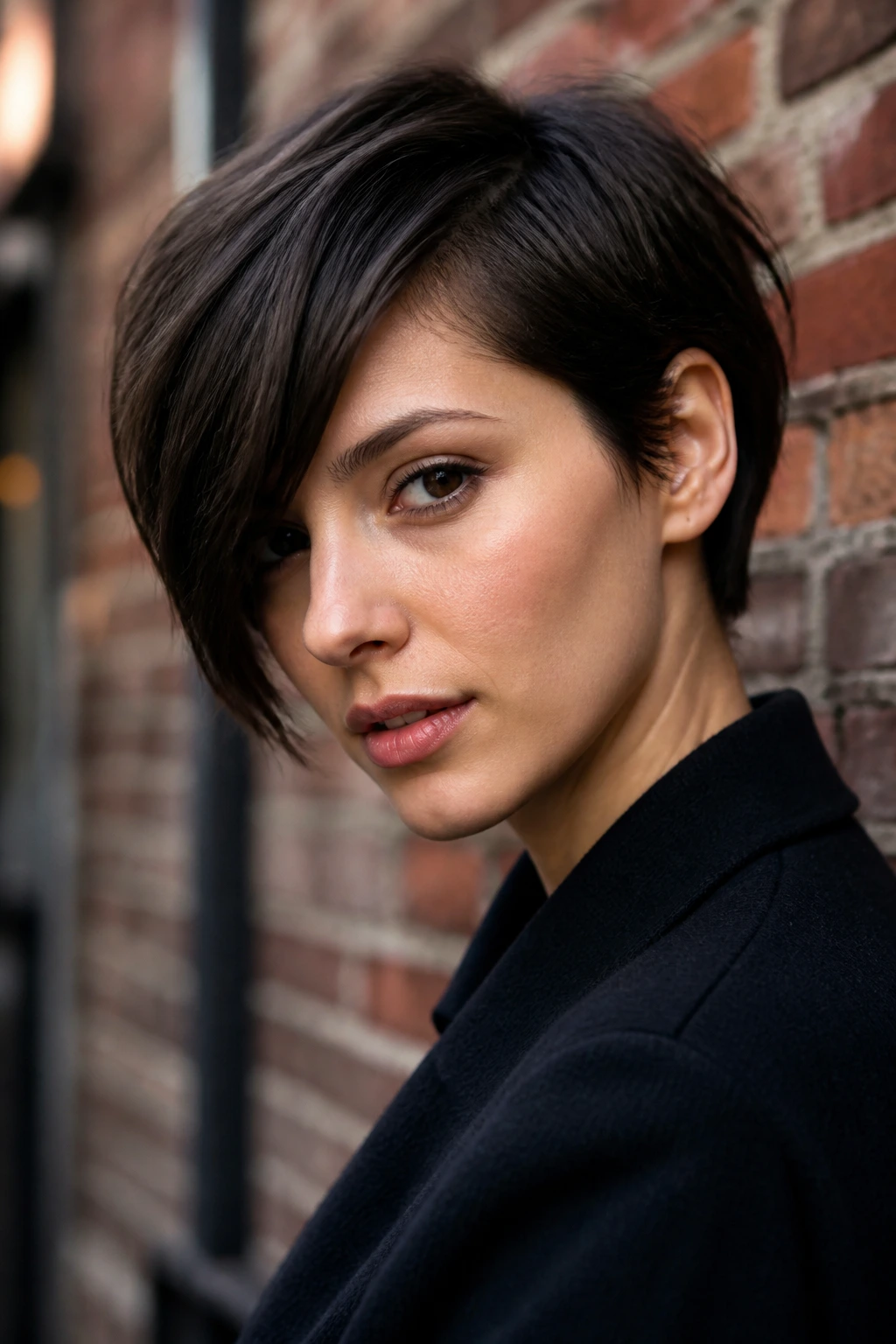 Close-up portrait of real person with boyish bob and long side fringe