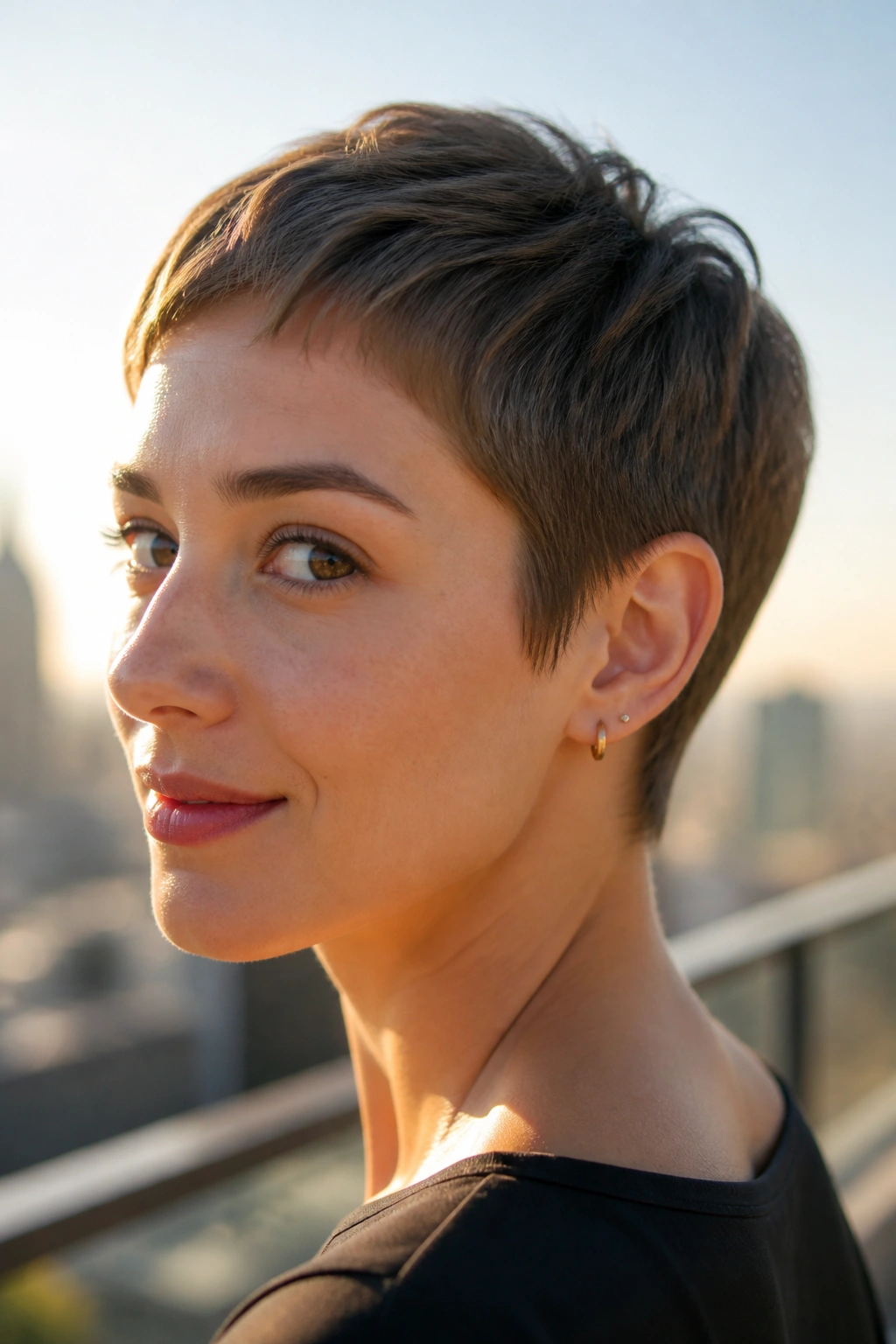 Close-up portrait of a real person with a soft nape boyish crop