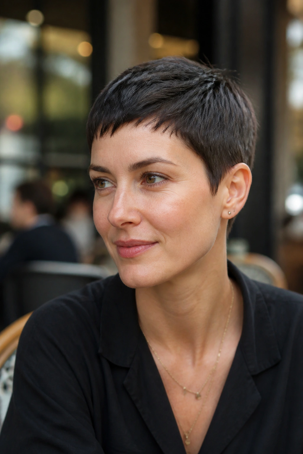 Close-up of a real woman with a boyish crop hairstyle in natural daylight