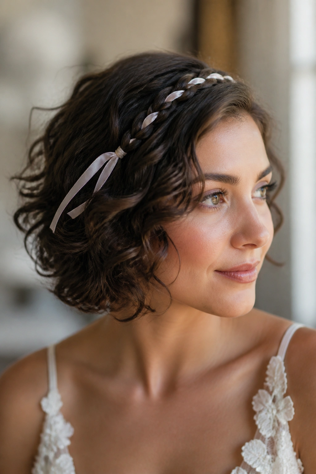 Close-up of real woman with braid-accented bob and ribbon in a bridal suite