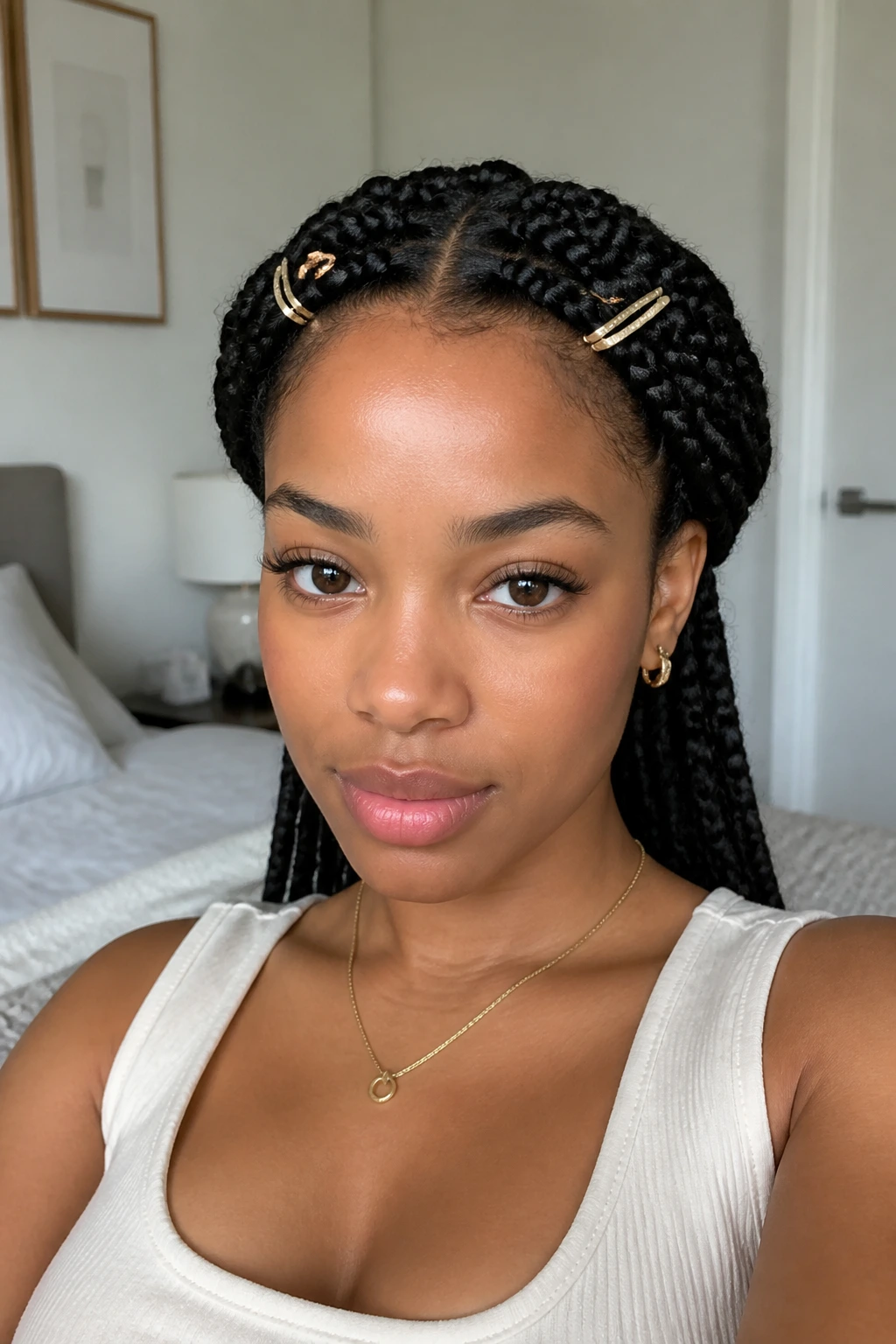 Real woman with front-pinned braid crown secured by two slim barrettes.