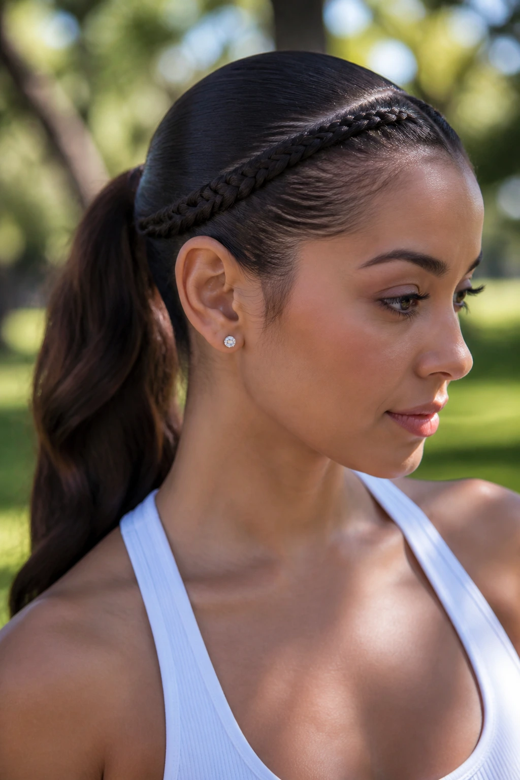 Close-up of a real woman with a braided crown feeding into a ponytail outdoors.