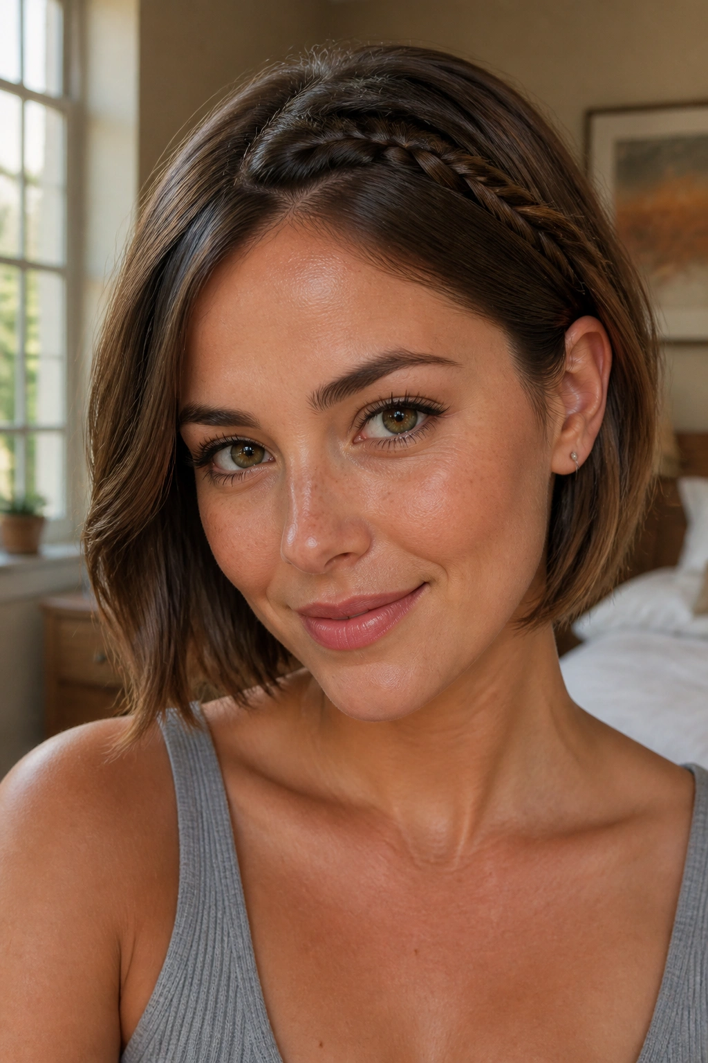 Close-up of a real woman's short hair with a slim hairline braid across the crown.