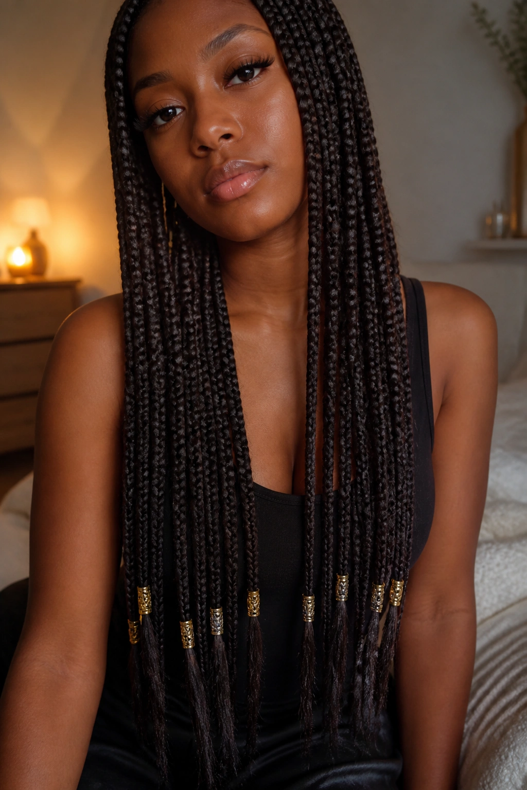 Close-up of ends of waist-length braids with cuffs on a real person
