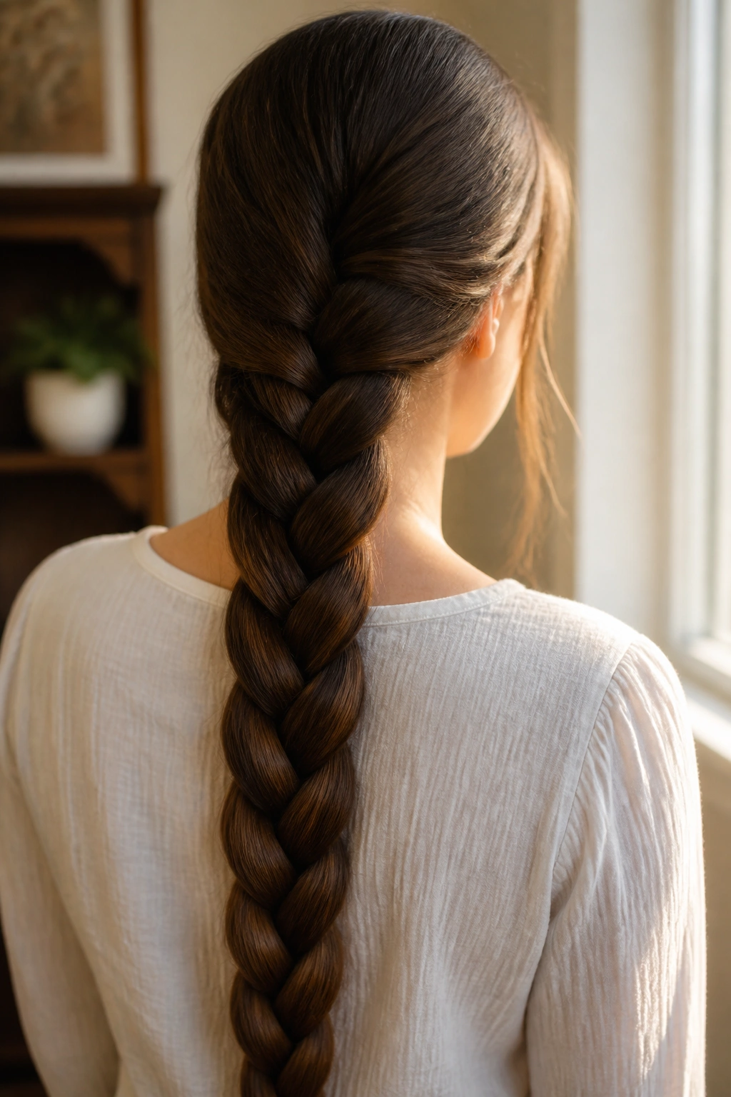 Close-up of a real person with a full three-strand braid