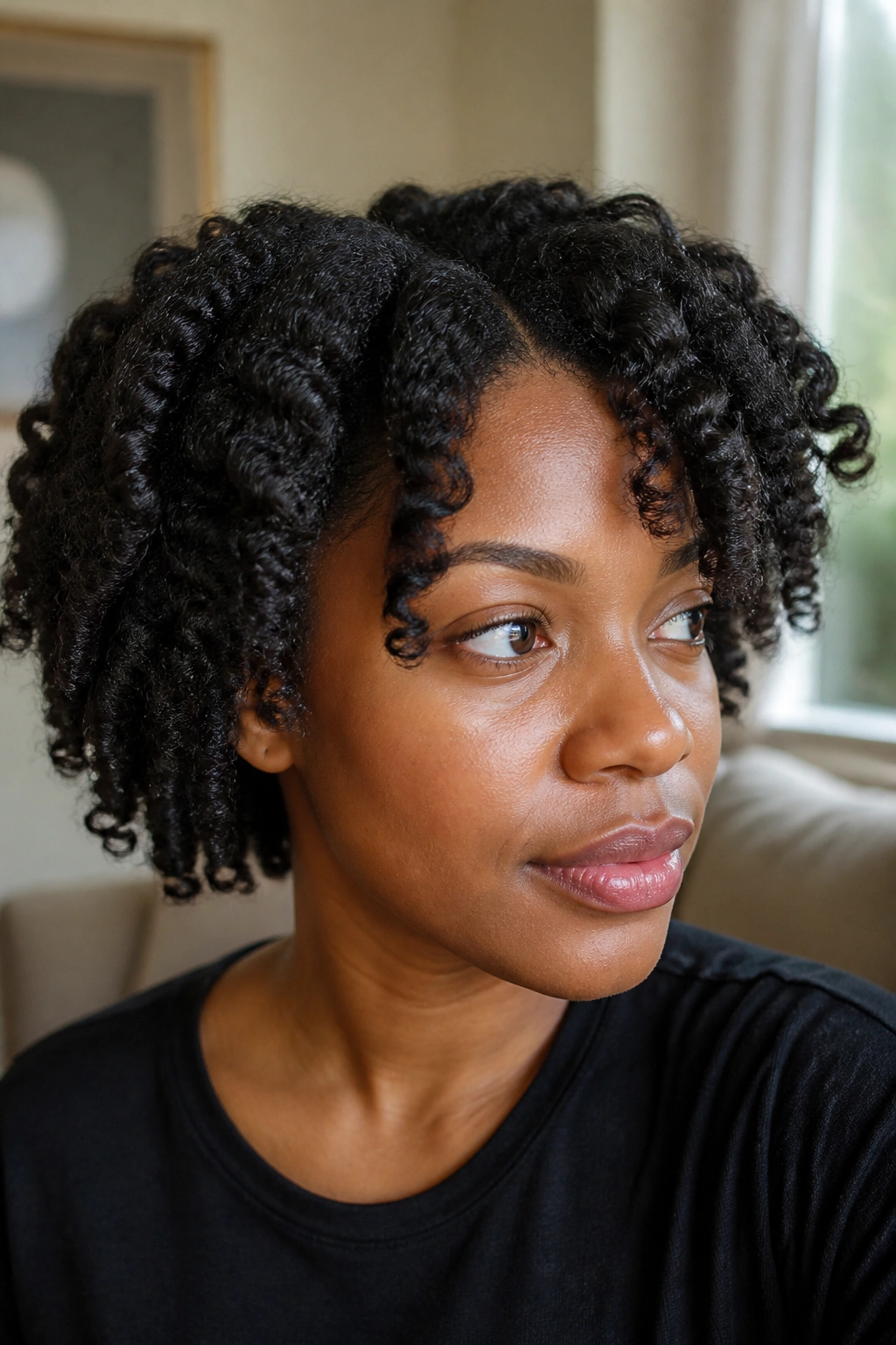 Close-up of a real person with a braid-out showing soft definition and waves.