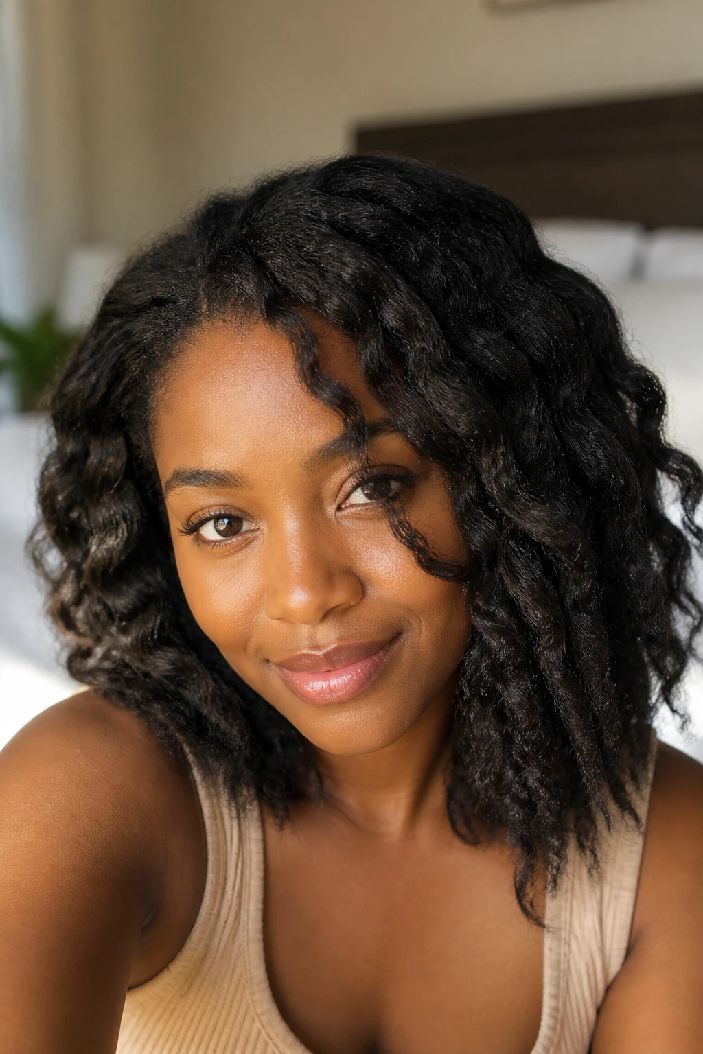 Close-up of a real person with braid-out texture and elongated waves