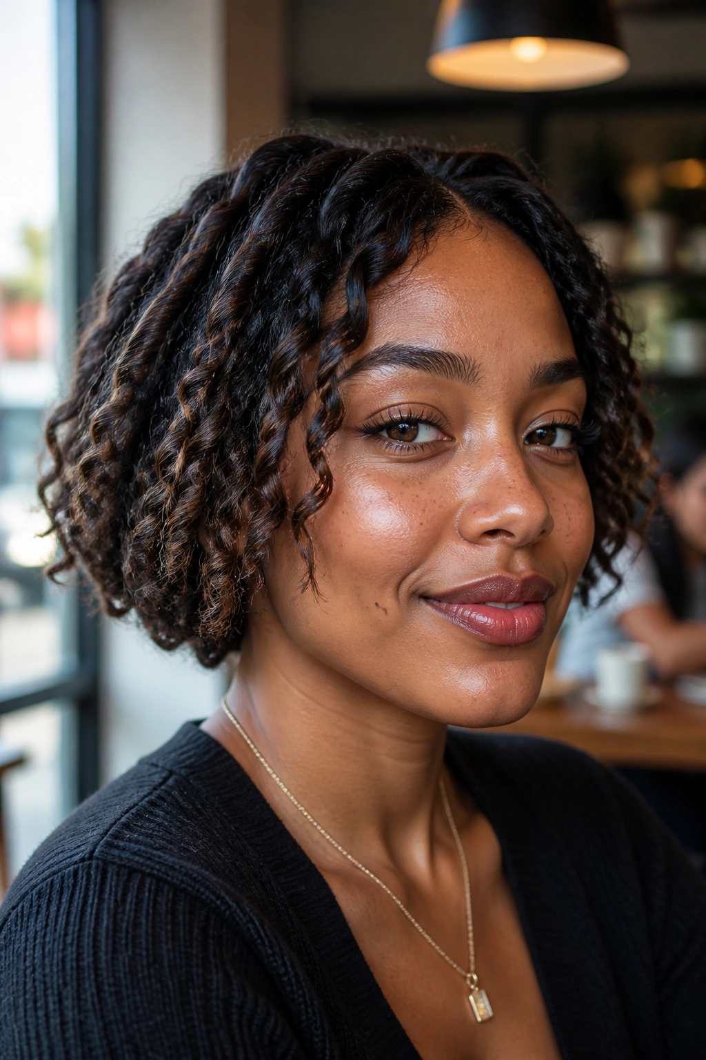 Close-up of a real person with a braid-out bob hairstyle.