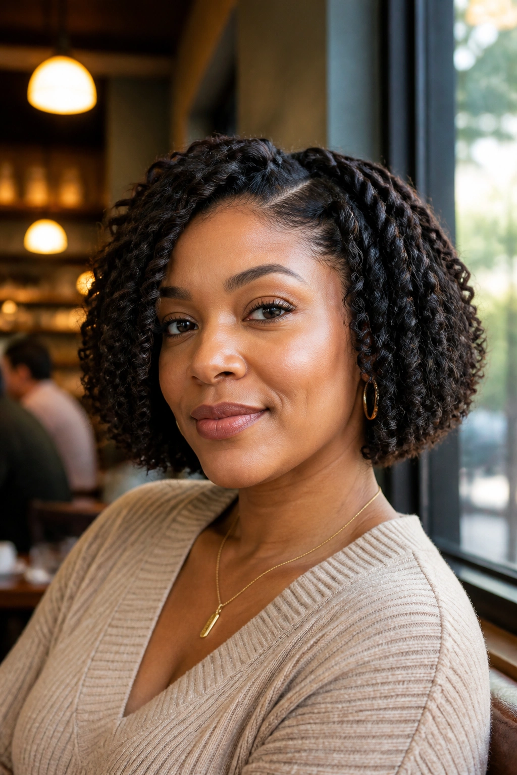 Close-up portrait of a Black woman with a defined braid-out bob