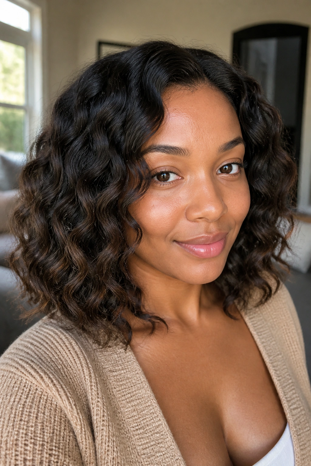 Real woman with braid-out loose waves hairstyle.