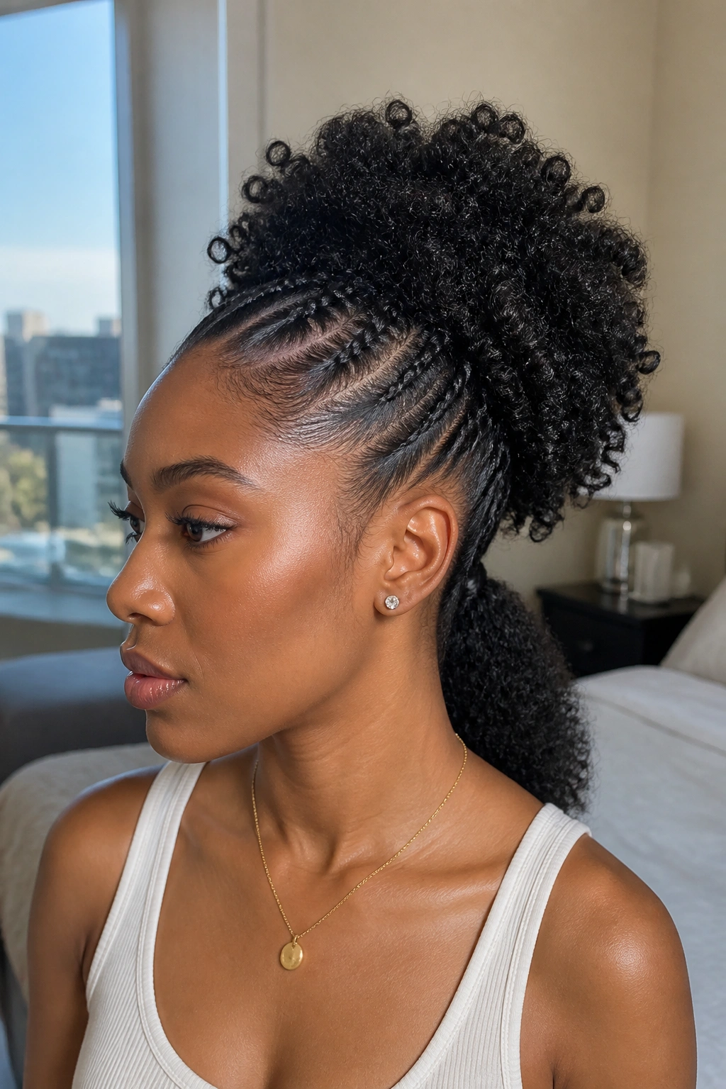 Side portrait of real woman with Braid Out Puff and stretched ponytail base