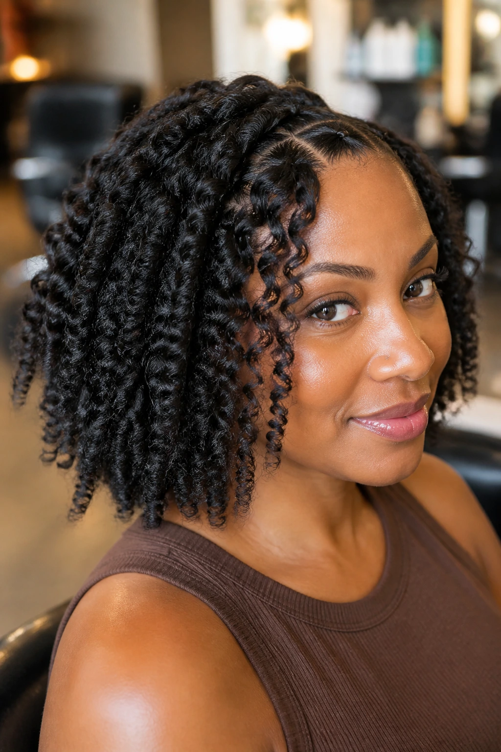 Close-up of a real woman with a braid-out showing sharp ends and defined texture in a salon setting