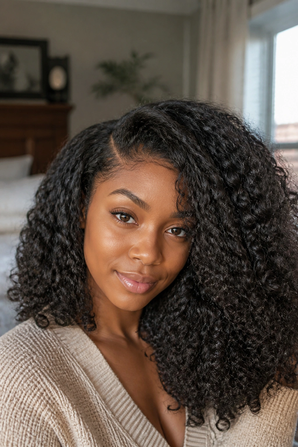 Close-up portrait of a Black woman with a braid-out and side part, hair voluminous.