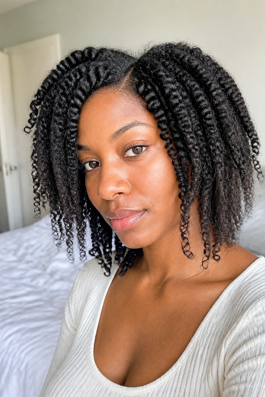 Real woman with braid-out showing stretched ends and defined texture