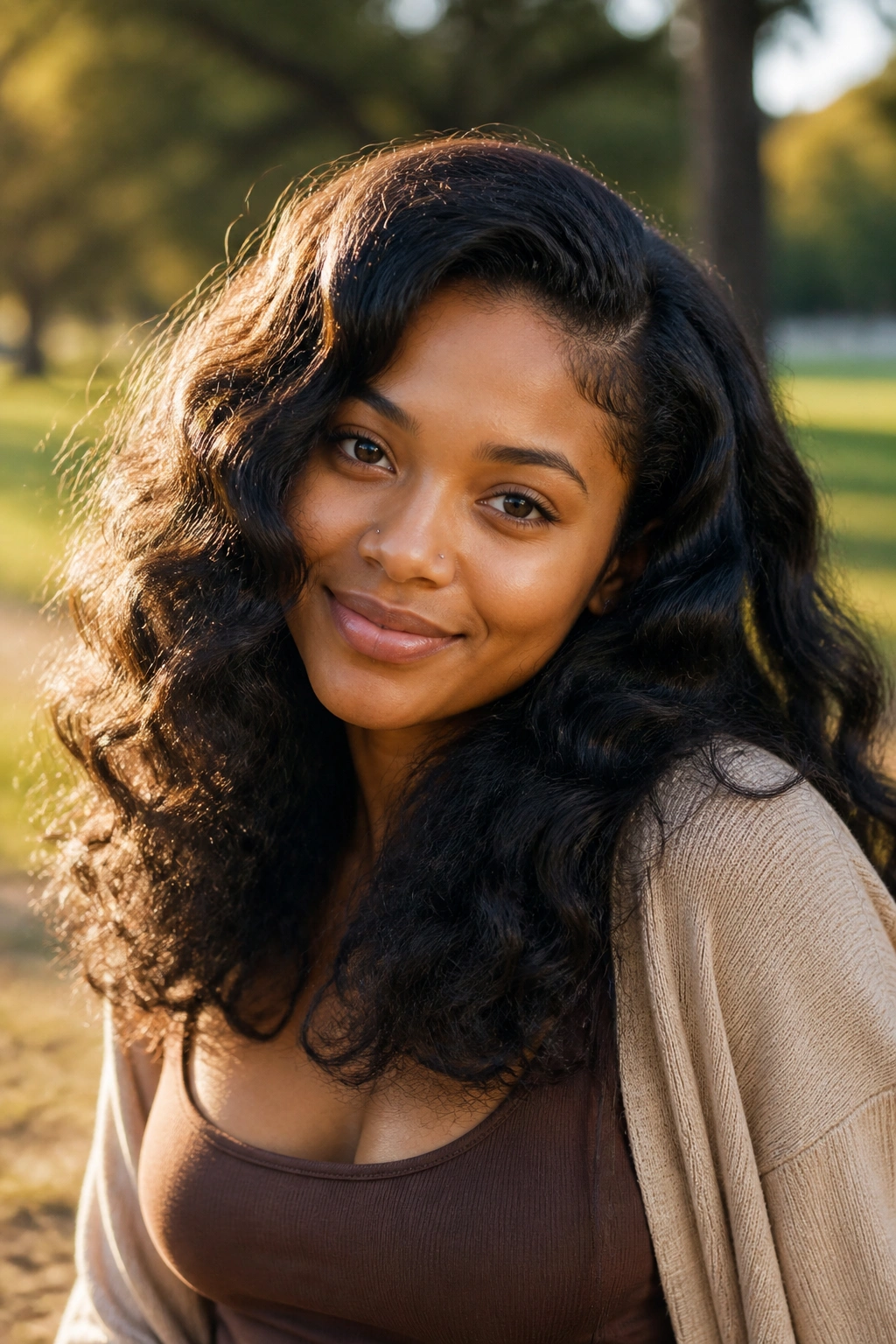 Close-up of a real person with braid-out waves in natural outdoor light