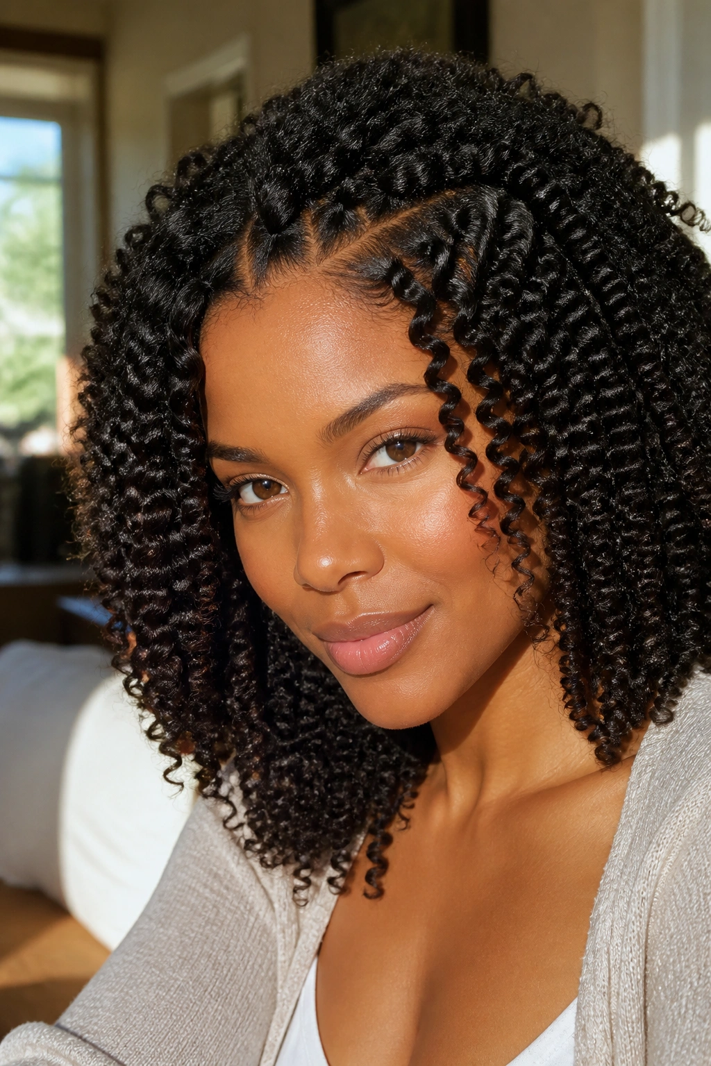Close-up of a real woman's braid-out showing zigzag curl patterns