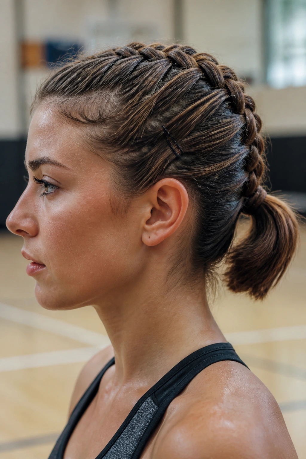 Close-up of a real woman with a high French braid ponytail for short-to-medium hair in a gym