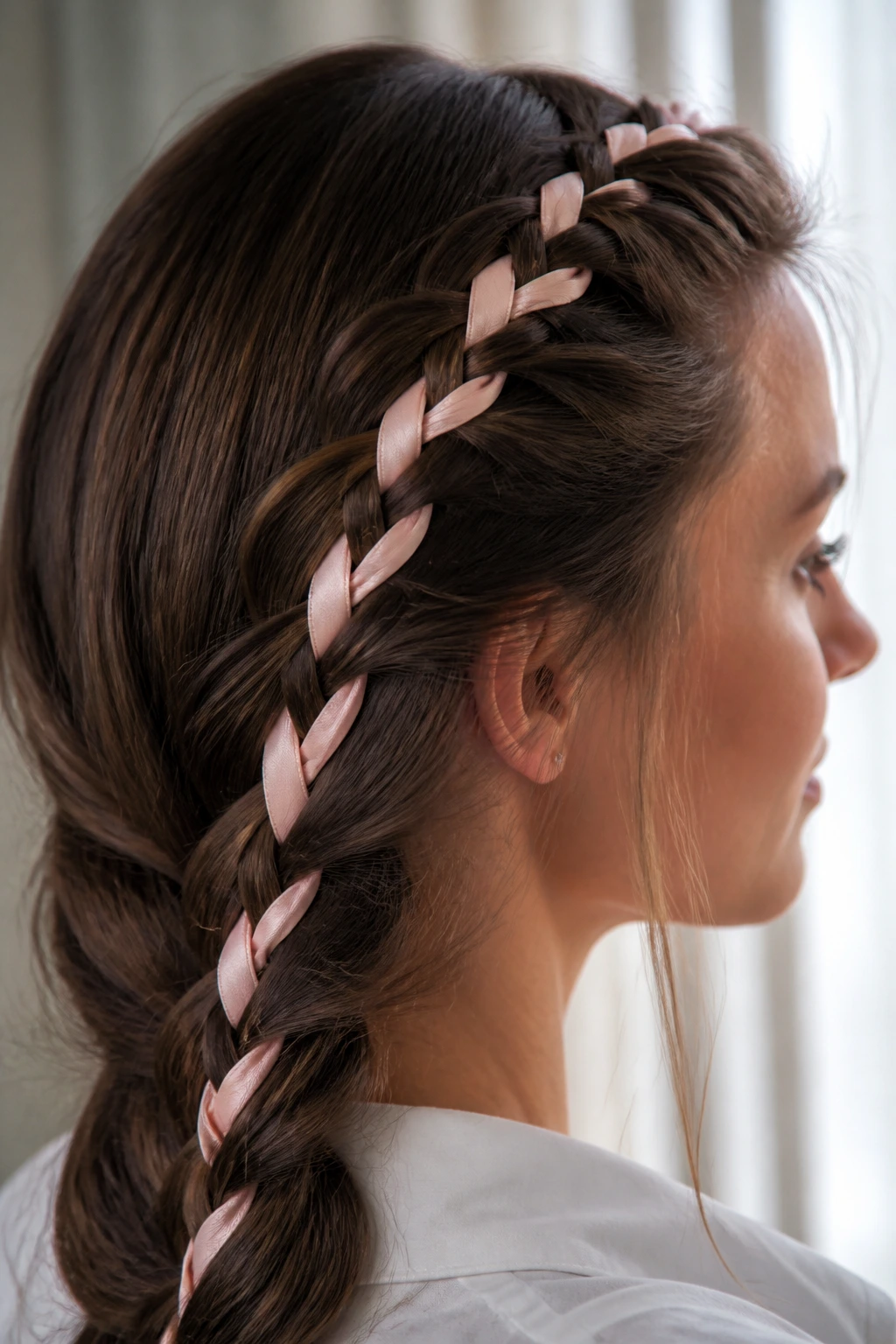 Close-up of a real woman with a ribbon-woven braid hairstyle