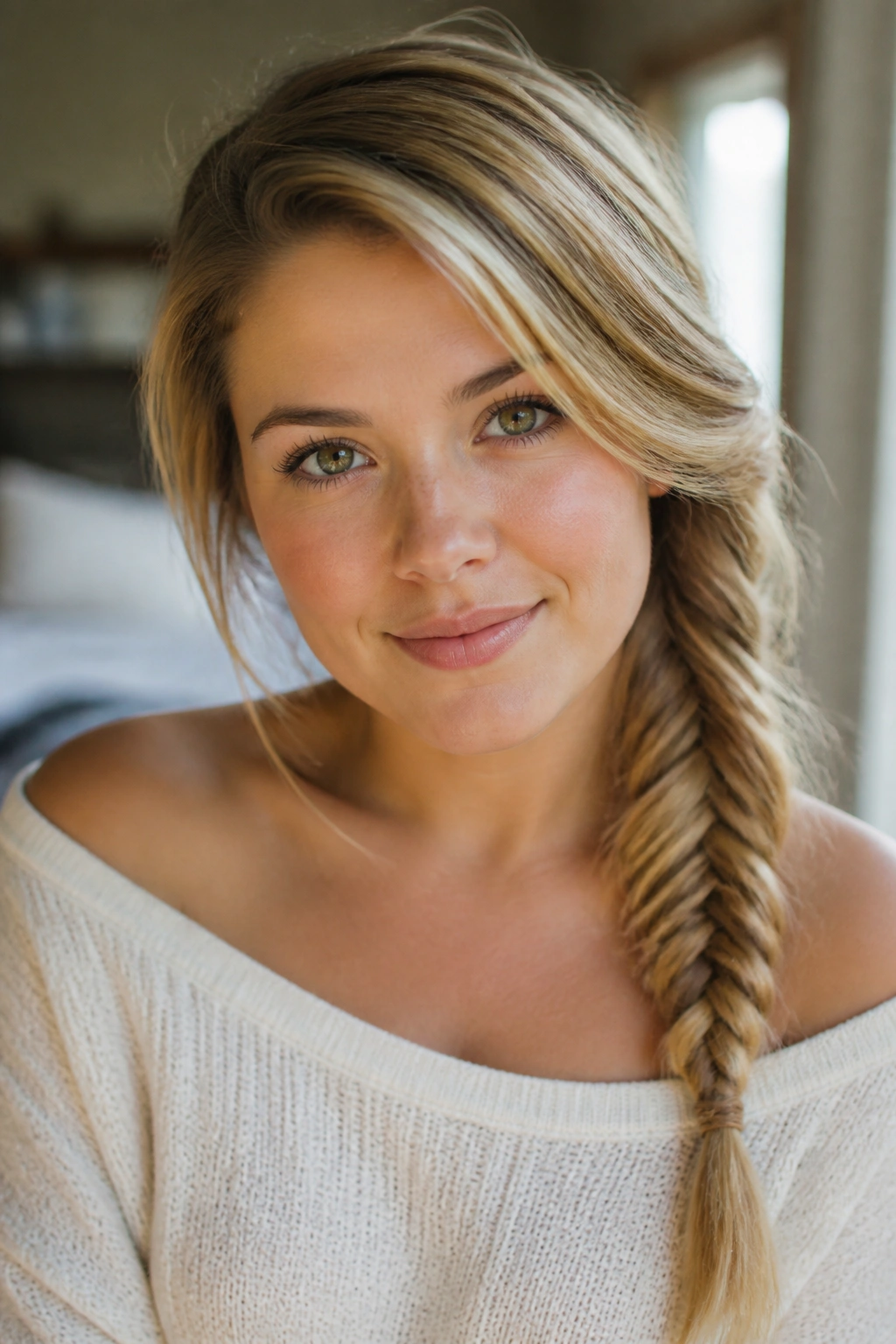 Close-up of a woman with a deep side part and a loose side braid over the shoulder