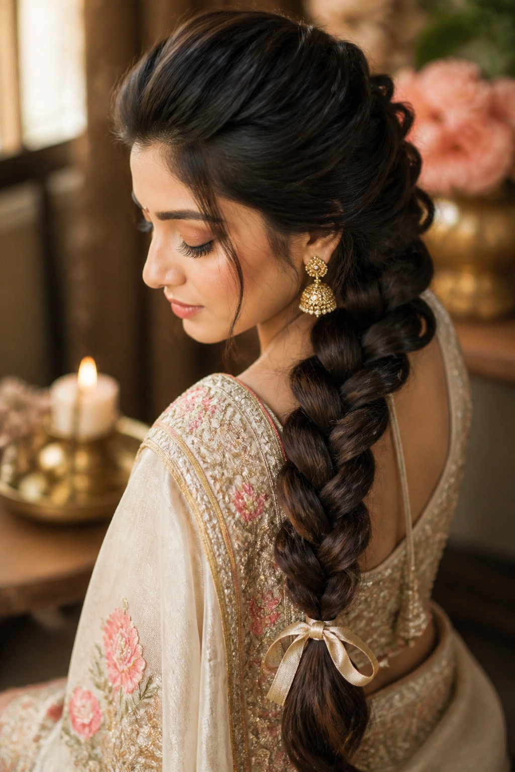 Close-up of a real woman with a thick three-strand braid and saree