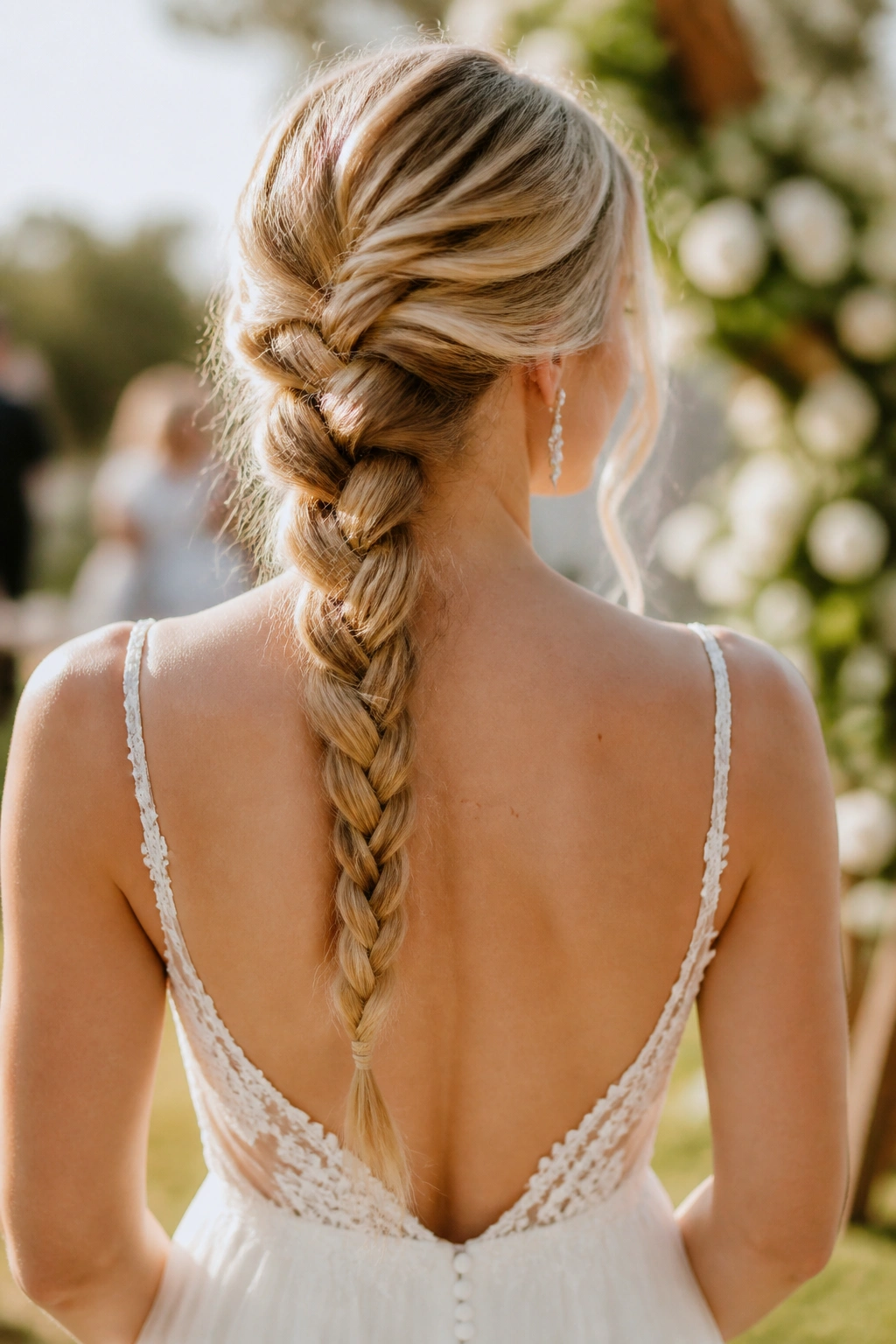 Bride with a simple three-strand braid down the back