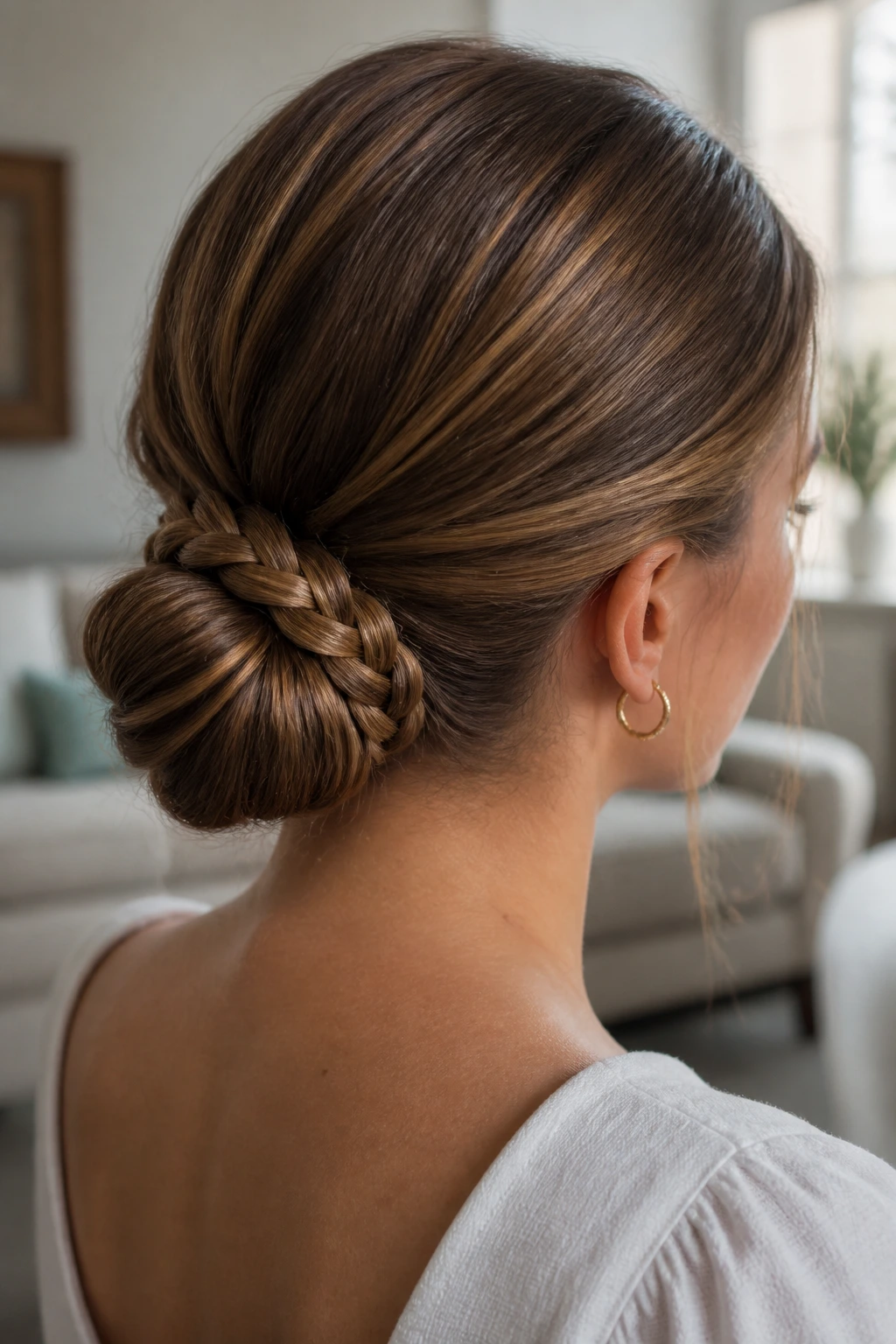 Low bun with braid-wrapped texture seen from rear side