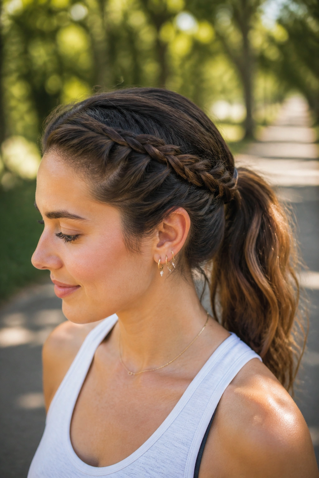 Close-up of a real woman's head showing a single slim braid into a ponytail at the temple.